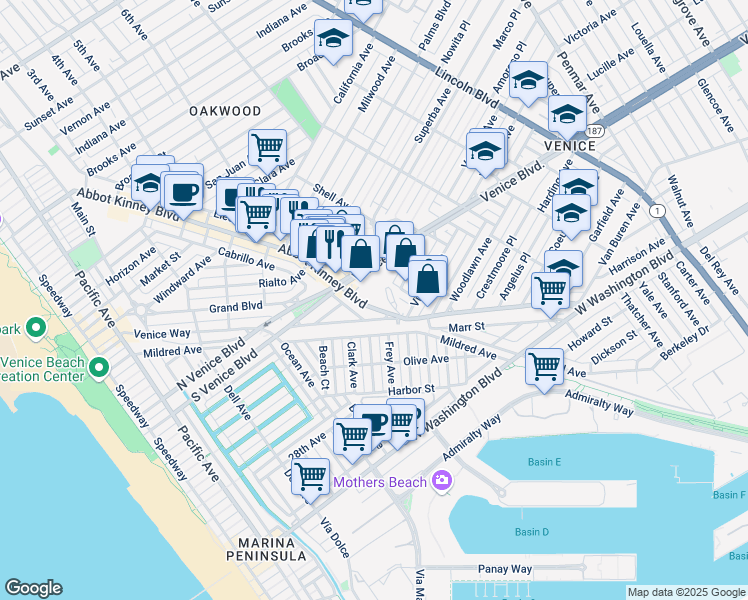 map of restaurants, bars, coffee shops, grocery stores, and more near 1735 Abbot Kinney Boulevard in Los Angeles