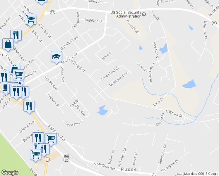 map of restaurants, bars, coffee shops, grocery stores, and more near 309 Dreamland Court in Winder