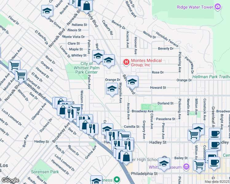 map of restaurants, bars, coffee shops, grocery stores, and more near 5848 Court Avenue in Whittier
