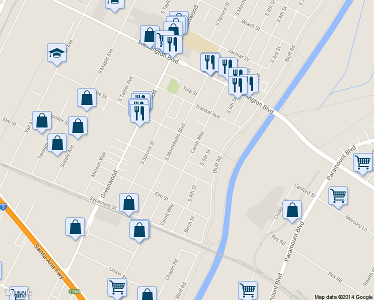 map of restaurants, bars, coffee shops, grocery stores, and more near 1221 Carob Way in Montebello