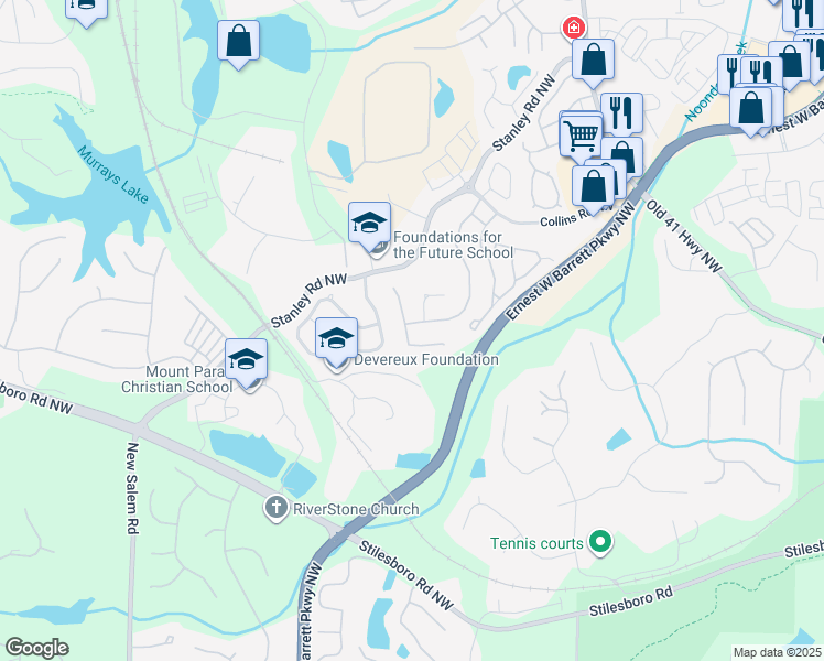 map of restaurants, bars, coffee shops, grocery stores, and more near 1495 Anna Ruby Lane in Kennesaw