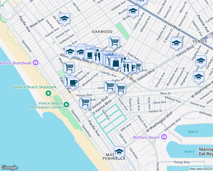 map of restaurants, bars, coffee shops, grocery stores, and more near 513 Grand Boulevard in Los Angeles