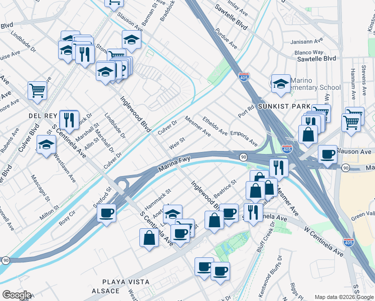 map of restaurants, bars, coffee shops, grocery stores, and more near 11940 Bray Street in Los Angeles