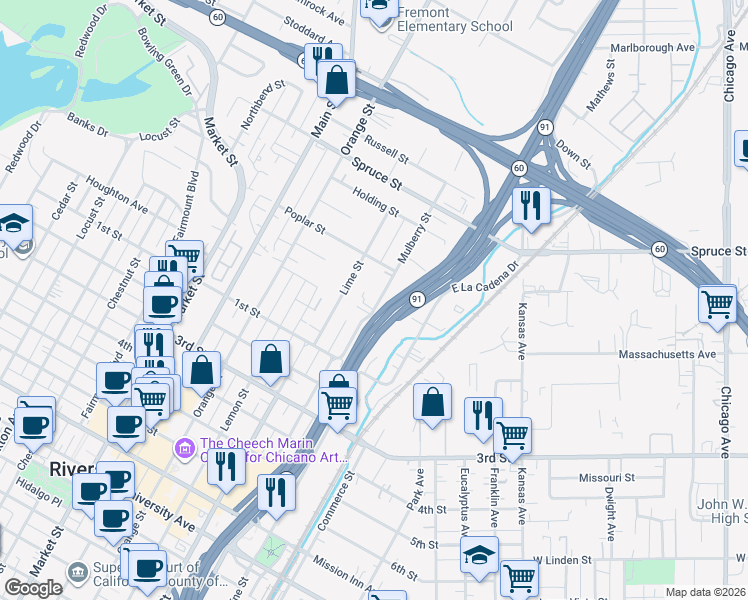 map of restaurants, bars, coffee shops, grocery stores, and more near 2855 Mulberry Street in Riverside