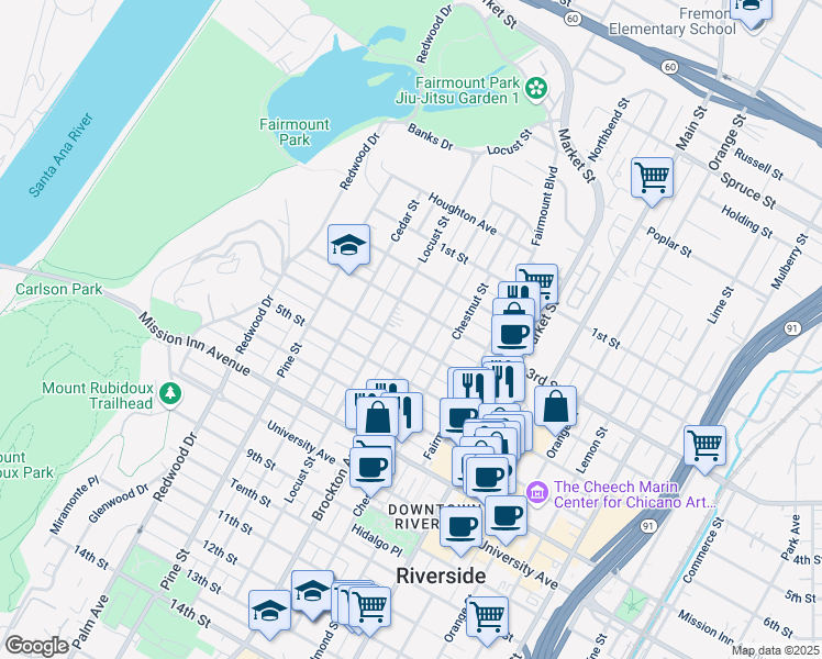 map of restaurants, bars, coffee shops, grocery stores, and more near 3361 Brockton Avenue in Riverside