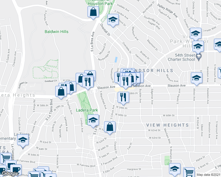 map of restaurants, bars, coffee shops, grocery stores, and more near 4560 West Slauson Avenue in View Park-Windsor Hills