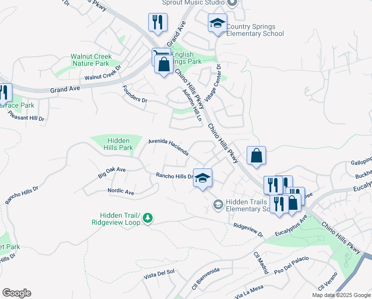 map of restaurants, bars, coffee shops, grocery stores, and more near 2202 Black Pine Road in Chino Hills