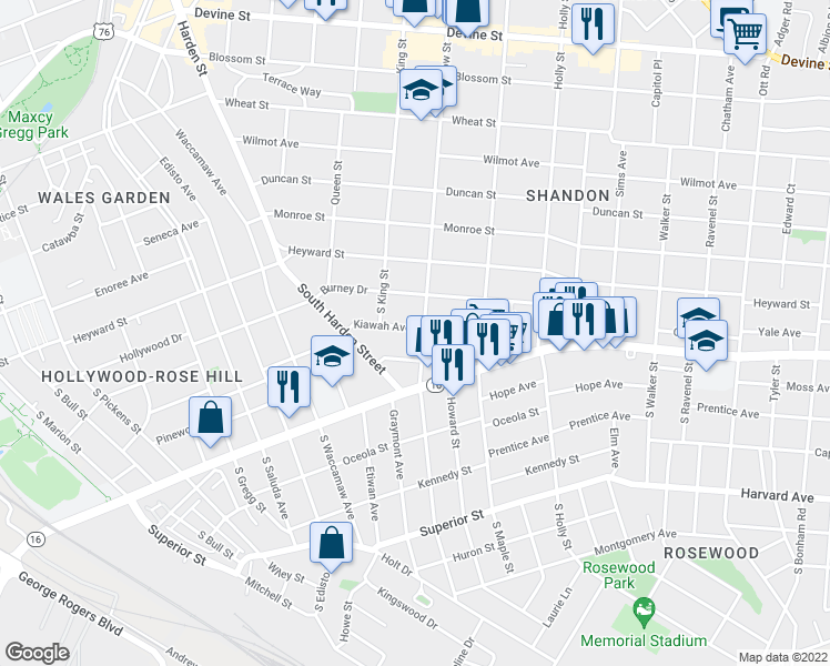 map of restaurants, bars, coffee shops, grocery stores, and more near 301 South Woodrow Street in Columbia