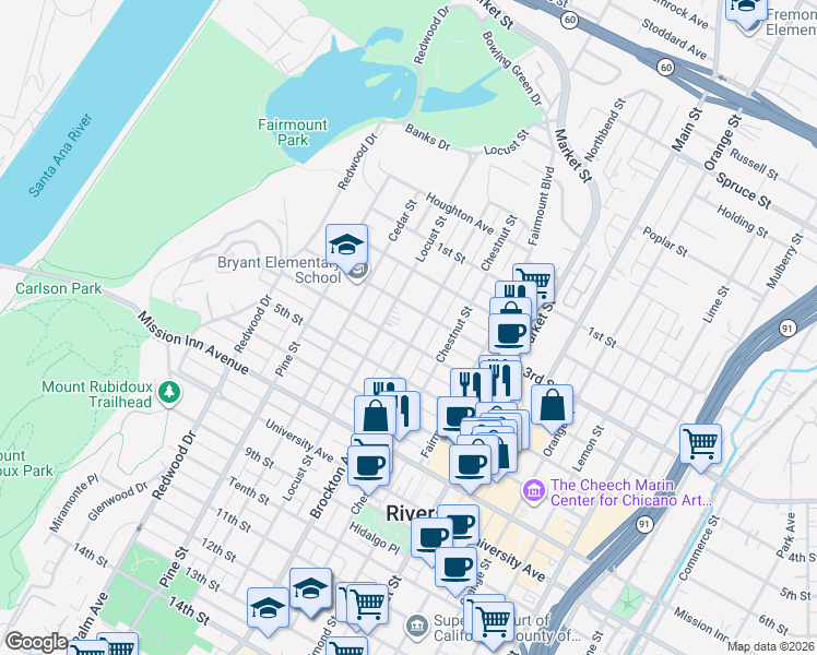 map of restaurants, bars, coffee shops, grocery stores, and more near 3361 Brockton Avenue in Riverside