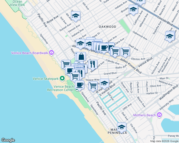 map of restaurants, bars, coffee shops, grocery stores, and more near 215 Windward Avenue in Los Angeles