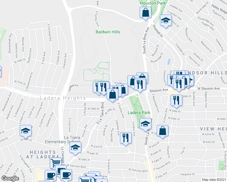 map of restaurants, bars, coffee shops, grocery stores, and more near 5743 South Fairfax Avenue in Los Angeles