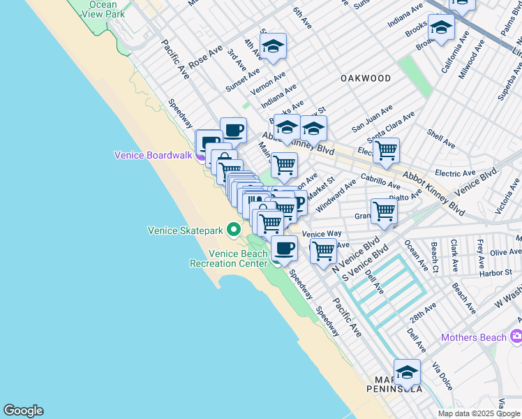 map of restaurants, bars, coffee shops, grocery stores, and more near 1305 Speedway in Los Angeles