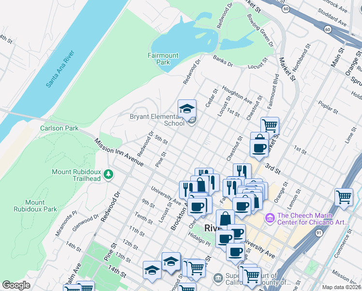 map of restaurants, bars, coffee shops, grocery stores, and more near 4307 5th Street in Riverside