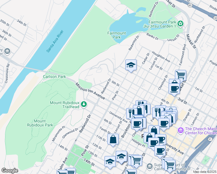map of restaurants, bars, coffee shops, grocery stores, and more near 4485 6th Street in Riverside