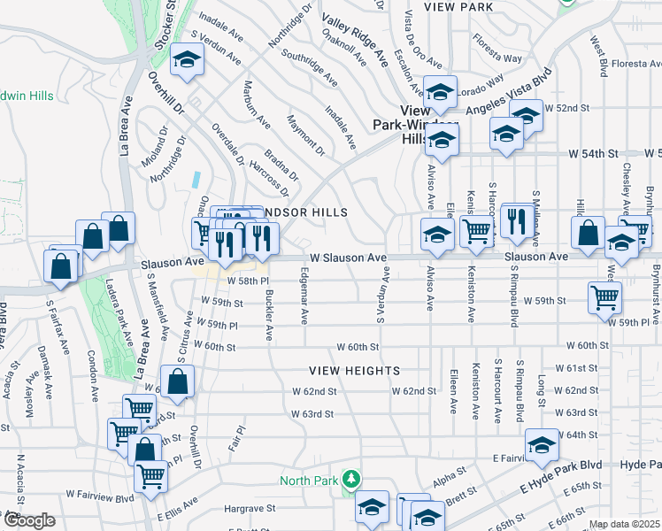 map of restaurants, bars, coffee shops, grocery stores, and more near 4214 West Slauson Avenue in Los Angeles