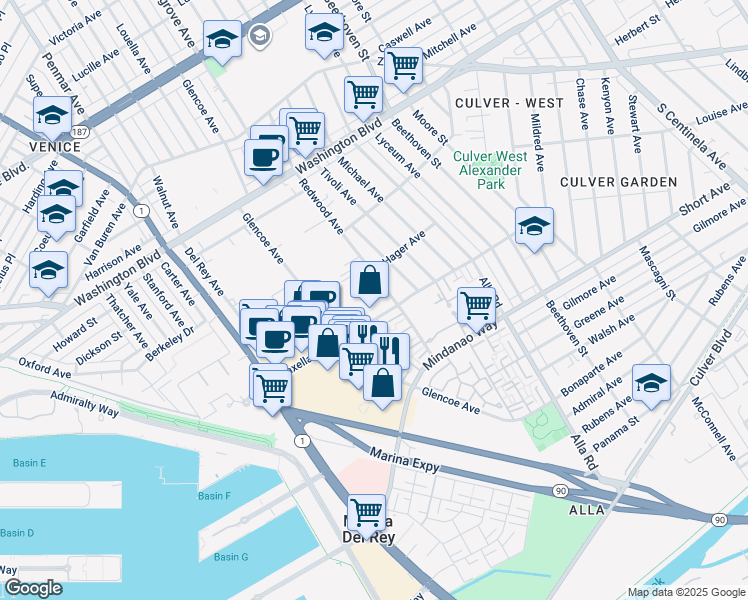 map of restaurants, bars, coffee shops, grocery stores, and more near 4241 Redwood Avenue in Los Angeles