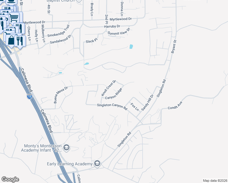 map of restaurants, bars, coffee shops, grocery stores, and more near 102 Mesa Court in Calimesa