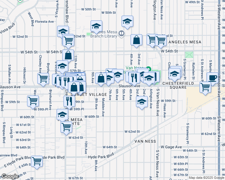 map of restaurants, bars, coffee shops, grocery stores, and more near 5814 7th Avenue in Los Angeles
