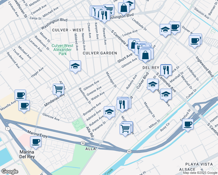 map of restaurants, bars, coffee shops, grocery stores, and more near 12627 Walsh Avenue in Los Angeles