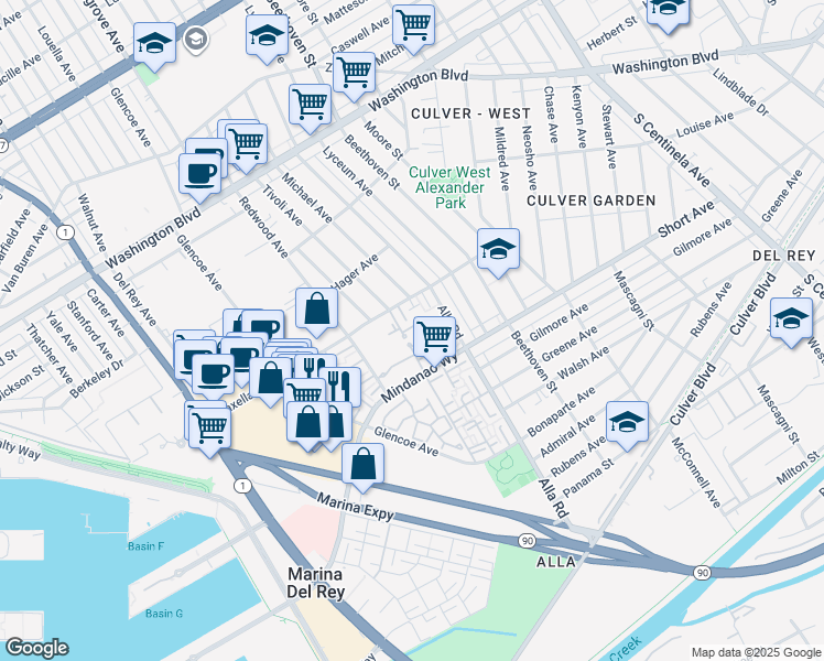 map of restaurants, bars, coffee shops, grocery stores, and more near 13072 Maxella Avenue in Marina del Rey