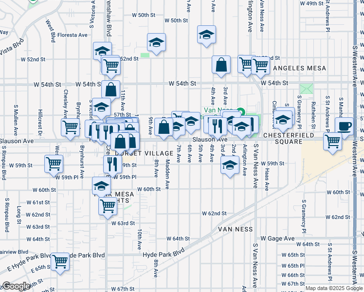 map of restaurants, bars, coffee shops, grocery stores, and more near 5814 7th Avenue in Los Angeles