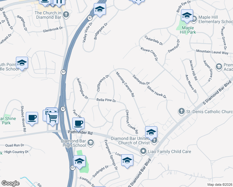 map of restaurants, bars, coffee shops, grocery stores, and more near 1818 Leaning Pine Drive in Diamond Bar