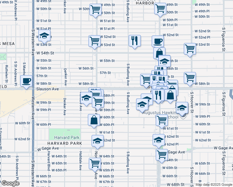 map of restaurants, bars, coffee shops, grocery stores, and more near 1247 West 58th Place in Los Angeles