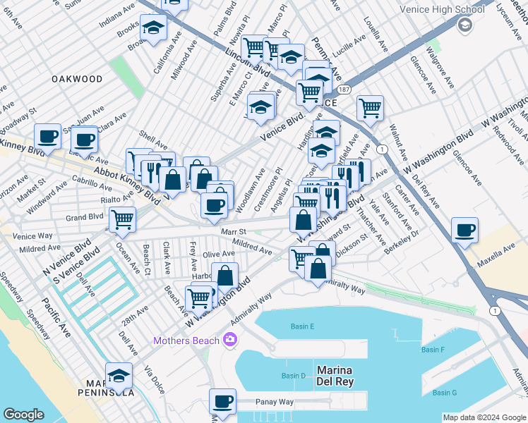 map of restaurants, bars, coffee shops, grocery stores, and more near 2500 Abbot Kinney Boulevard in Los Angeles