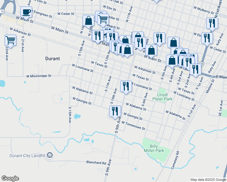 map of restaurants, bars, coffee shops, grocery stores, and more near 501 South 10th Avenue in Durant