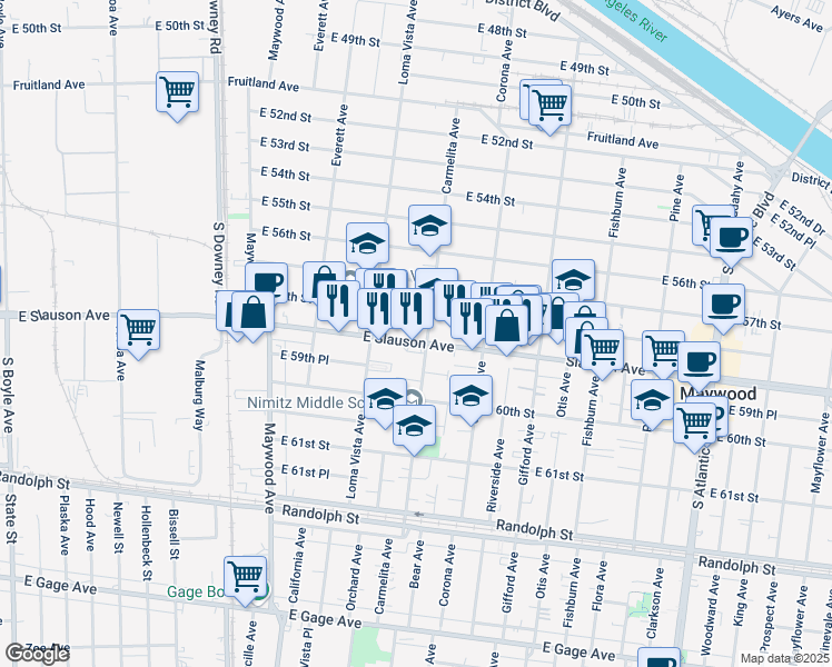 map of restaurants, bars, coffee shops, grocery stores, and more near 3751 Slauson Avenue in Maywood
