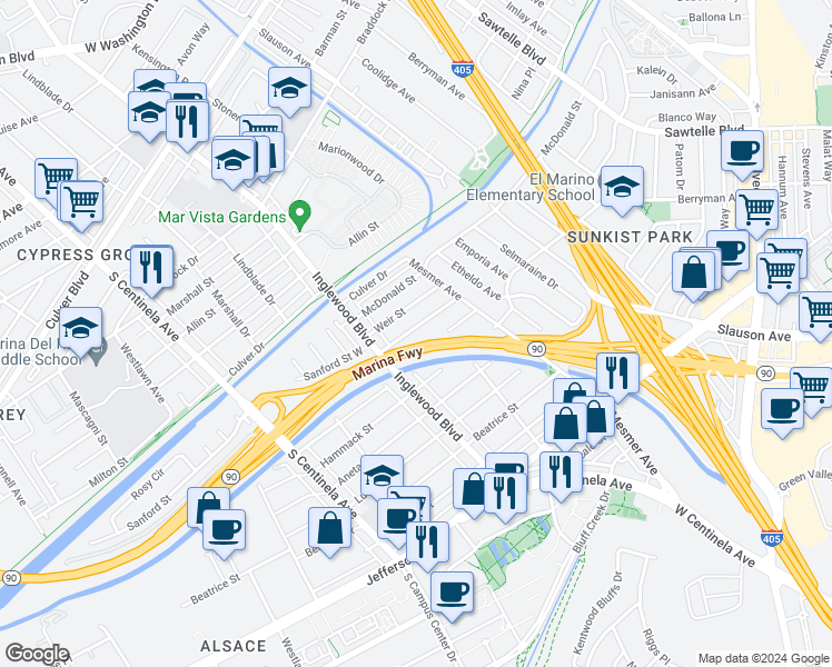 map of restaurants, bars, coffee shops, grocery stores, and more near 11934 Bray Street in Culver City