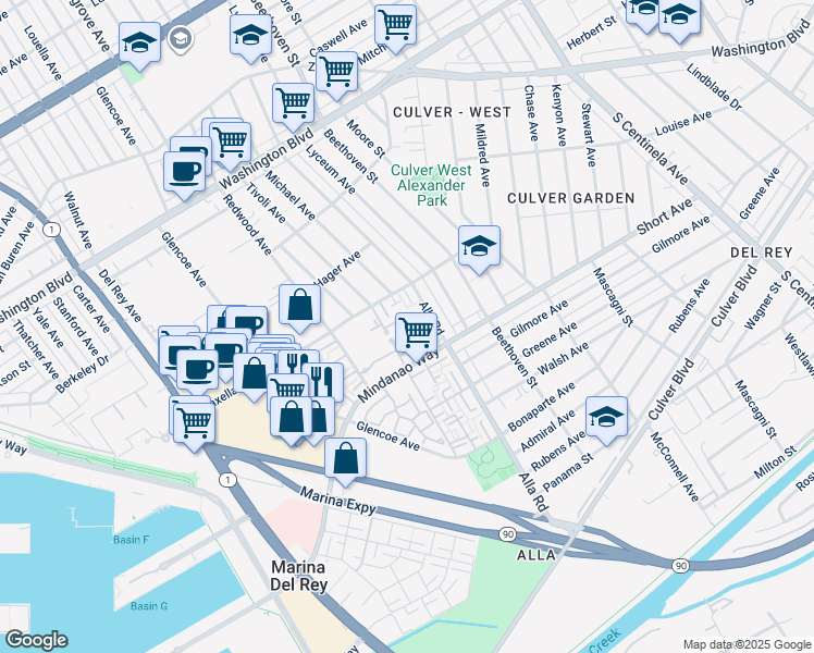map of restaurants, bars, coffee shops, grocery stores, and more near 13072 Maxella Avenue in Marina del Rey