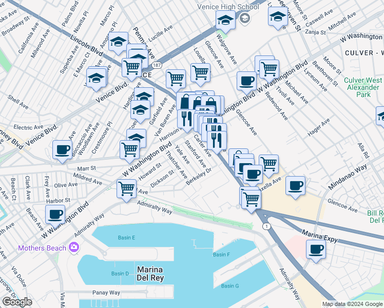 map of restaurants, bars, coffee shops, grocery stores, and more near 3104 Stanford Avenue in Marina del Rey