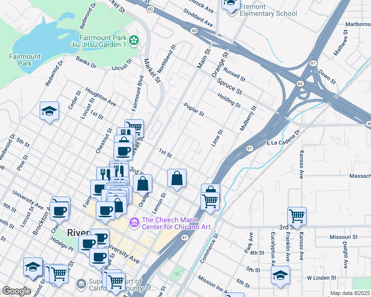 map of restaurants, bars, coffee shops, grocery stores, and more near 3021 Lemon Street in Riverside