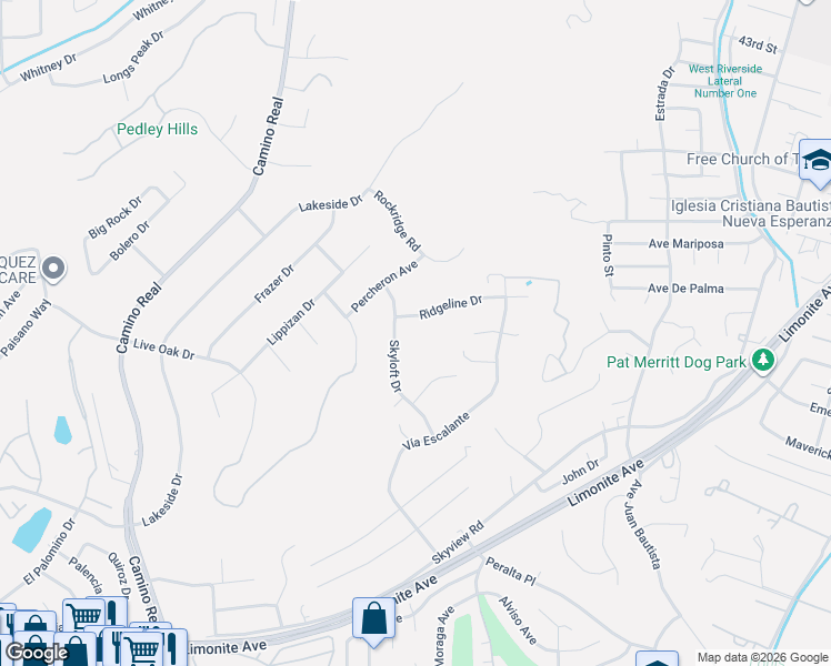 map of restaurants, bars, coffee shops, grocery stores, and more near 7308 Ridgeline Drive in Riverside