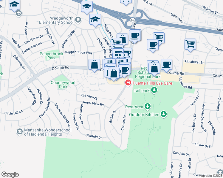 map of restaurants, bars, coffee shops, grocery stores, and more near 1901 South Azusa Avenue in Hacienda Heights