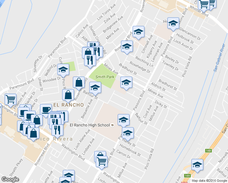 map of restaurants, bars, coffee shops, grocery stores, and more near in Pico Rivera