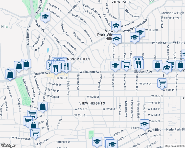 map of restaurants, bars, coffee shops, grocery stores, and more near 4124 West Slauson Avenue in Los Angeles