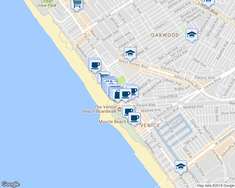 map of restaurants, bars, coffee shops, grocery stores, and more near 1305 Speedway in Los Angeles