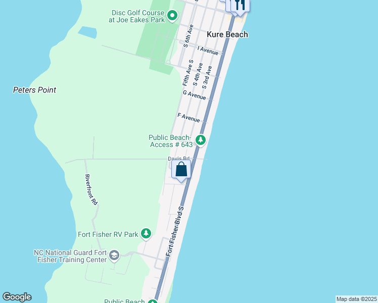 map of restaurants, bars, coffee shops, grocery stores, and more near 712 Fort Fisher Boulevard South in Kure Beach