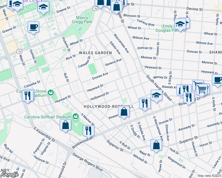 map of restaurants, bars, coffee shops, grocery stores, and more near 1719 Hollywood Drive in Columbia