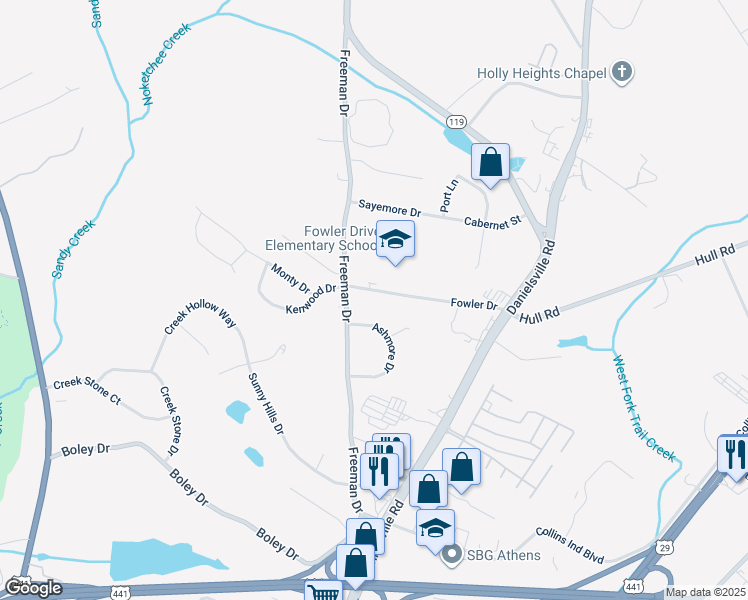 map of restaurants, bars, coffee shops, grocery stores, and more near 355 Fowler Drive in Athens