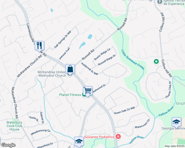 map of restaurants, bars, coffee shops, grocery stores, and more near 1490 Ashbrook Drive Northwest in Lawrenceville
