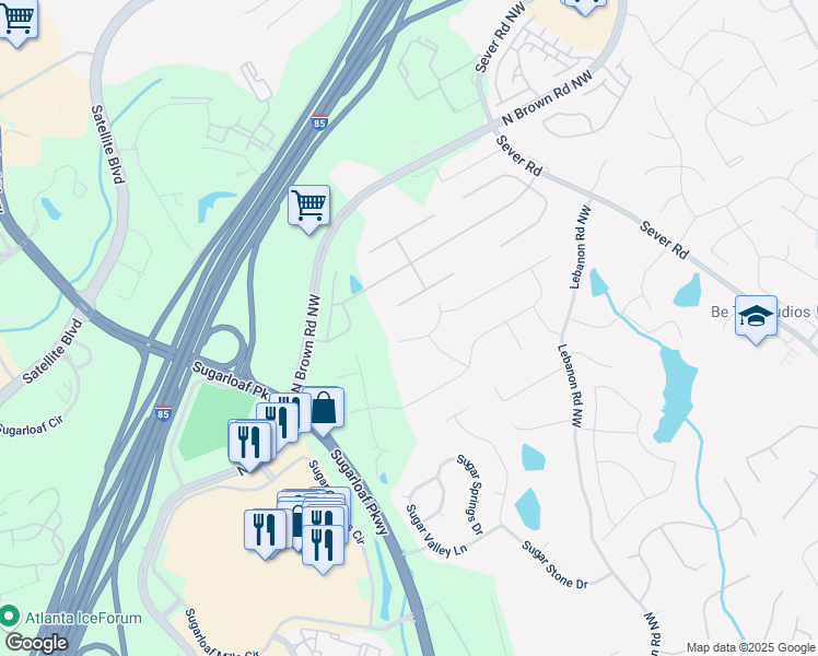 map of restaurants, bars, coffee shops, grocery stores, and more near 1775 Potomac Court in Lawrenceville