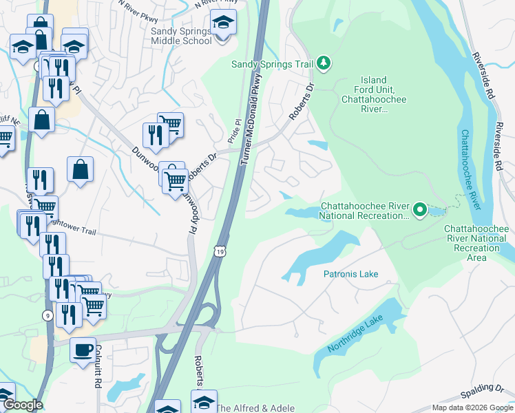map of restaurants, bars, coffee shops, grocery stores, and more near 1304 Natchez Trce in Atlanta