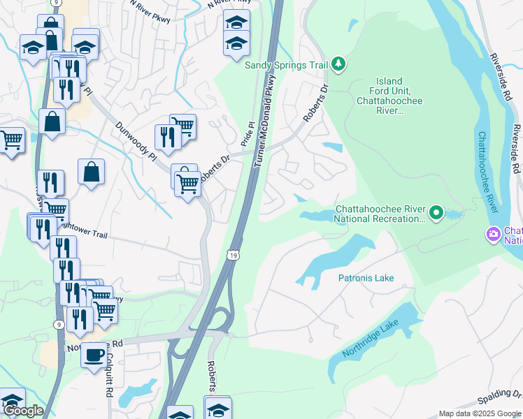 map of restaurants, bars, coffee shops, grocery stores, and more near 1304 Natchez Trce in Atlanta