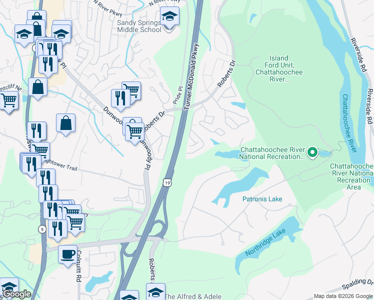 map of restaurants, bars, coffee shops, grocery stores, and more near 1304 Natchez Trce in Atlanta