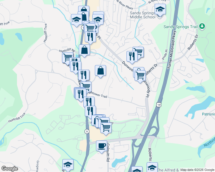 map of restaurants, bars, coffee shops, grocery stores, and more near 5515 Wing Street in Atlanta