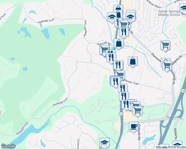 map of restaurants, bars, coffee shops, grocery stores, and more near 8500 Valemont Drive in Atlanta