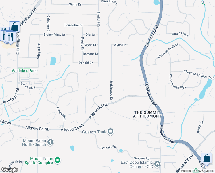 map of restaurants, bars, coffee shops, grocery stores, and more near 1571 Smithwood Drive in Marietta
